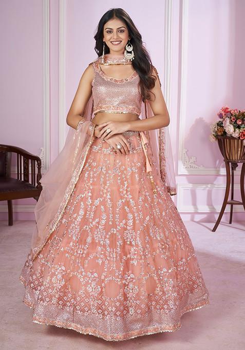 Pink Badla Zari Embroidered Soft Net Lehenga Set