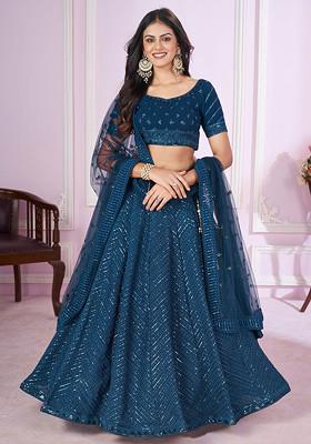 Blue Thread Embroidered Georgette Lehenga Set