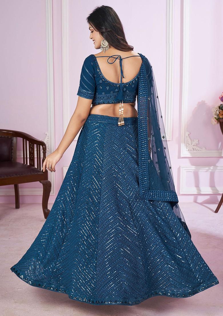 Blue Thread Embroidered Georgette Lehenga Set
