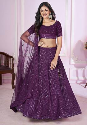 Purple Thread Embroidered Georgette Lehenga Set