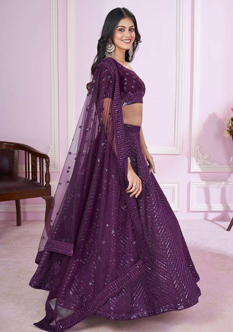 Purple Thread Embroidered Georgette Lehenga Set