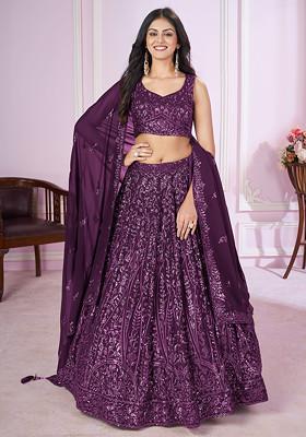 Purple Thread Sequin Embroidered Georgette Lehenga Set