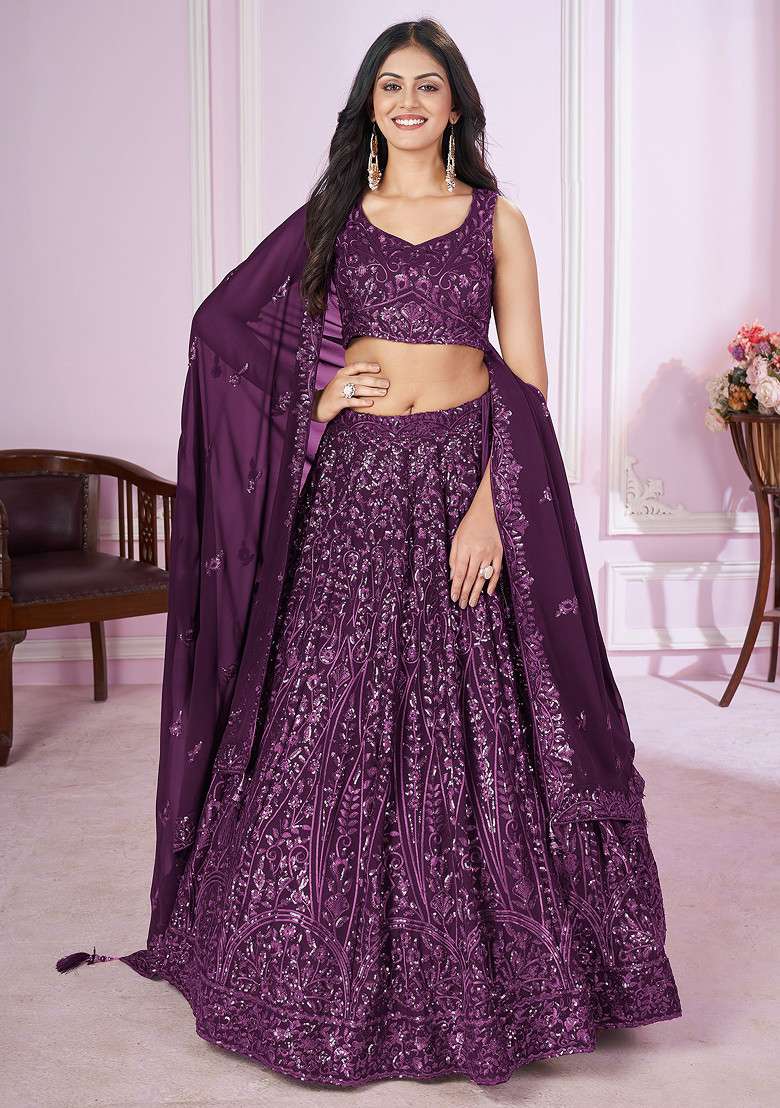 Purple Thread Georgette Lehenga Set with Embroidered & Sequin for Diwali | Wedding & Festive Wear - Indya
