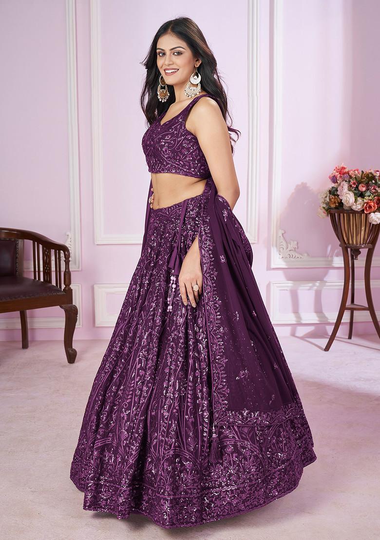 Purple Thread Sequin Embroidered Georgette Lehenga Set