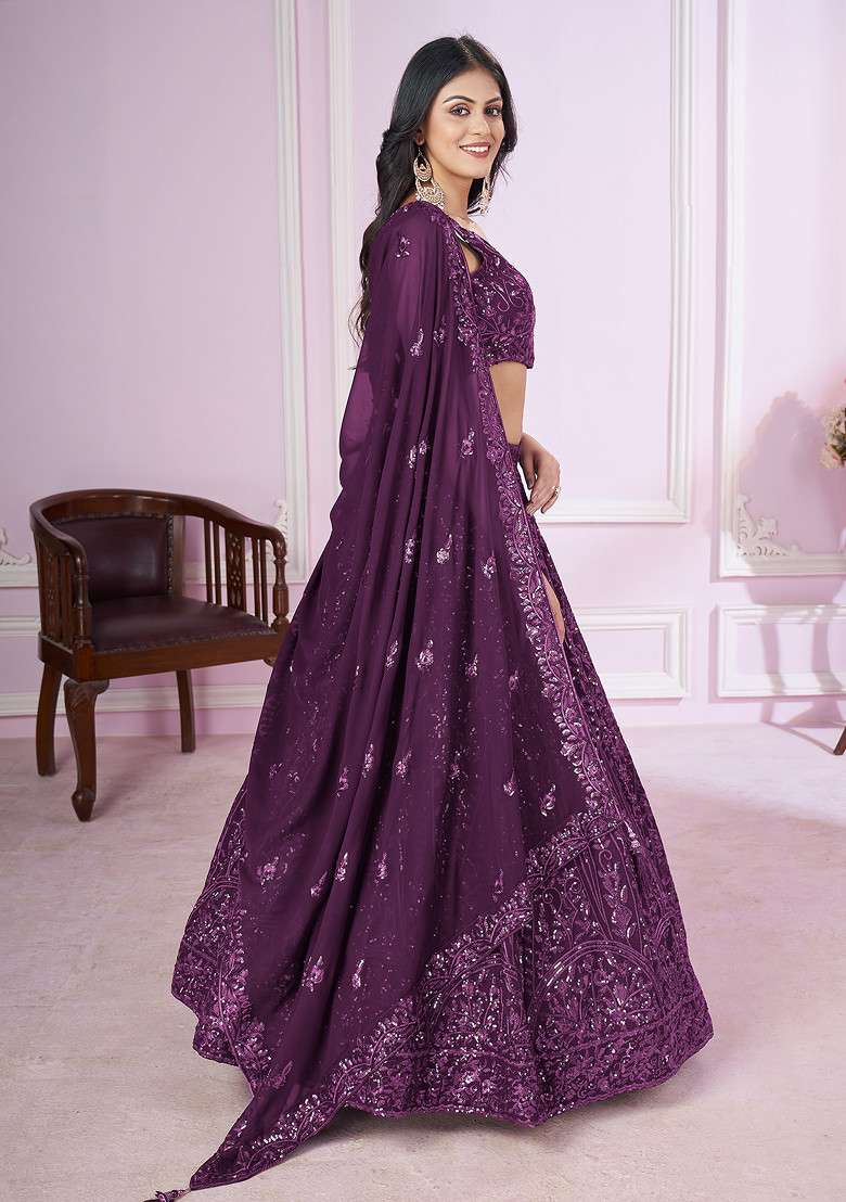 Purple Thread Georgette Lehenga Set with Embroidered & Sequin for Diwali | Wedding & Festive Wear - Indya