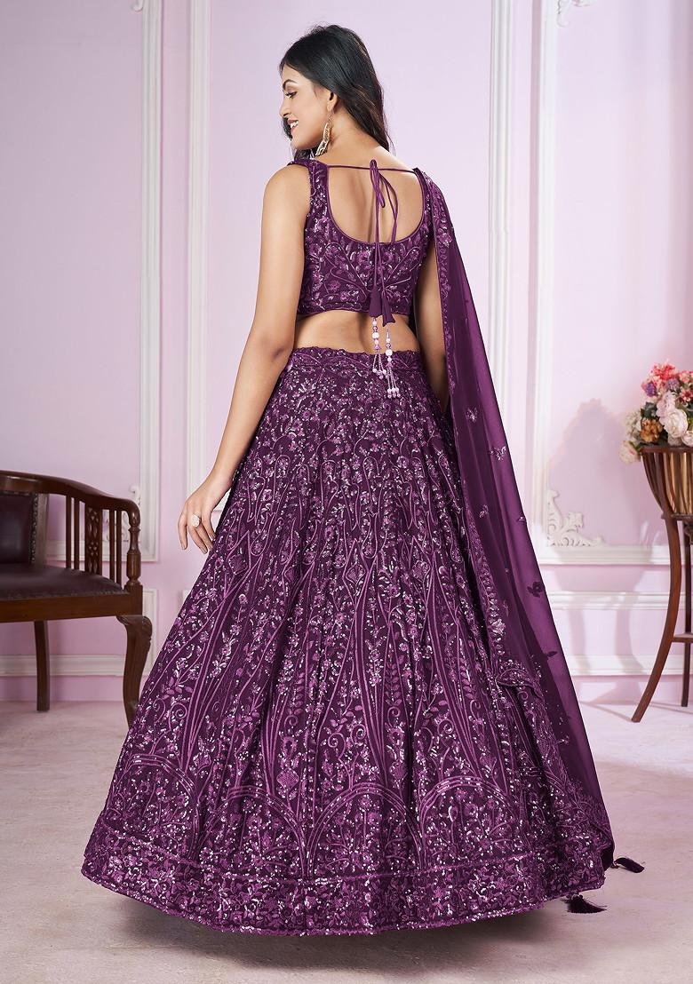 Purple Thread Sequin Embroidered Georgette Lehenga Set