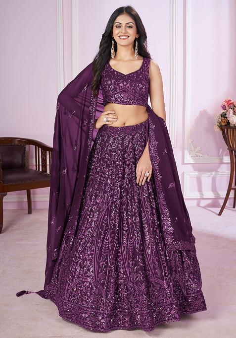 Purple Thread Sequin Embroidered Georgette Lehenga Set