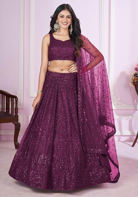 Purple Thread Sequin Embroidered Soft Net Lehenga Set