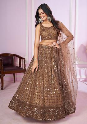 Brown Thread Sequin Embroidered Soft Net Lehenga Set
