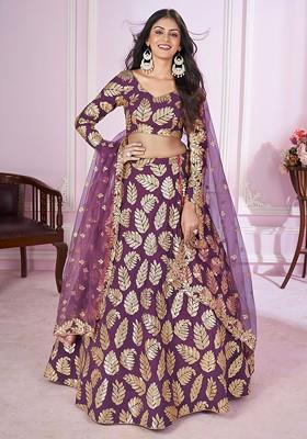 Purple Thread Sequin Embroidered Georgette Soft Net Lehenga Set