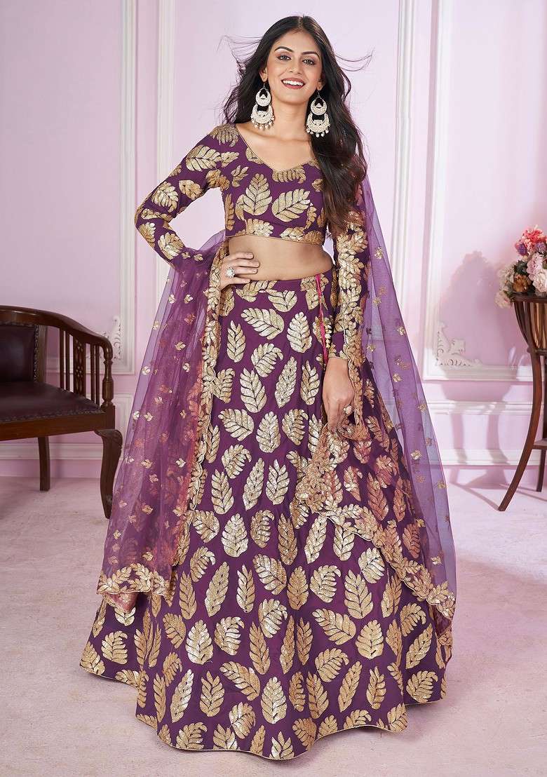 Purple Thread Sequin Embroidered Georgette Soft Net Lehenga Set for Diwali and Festive Wear - Indya