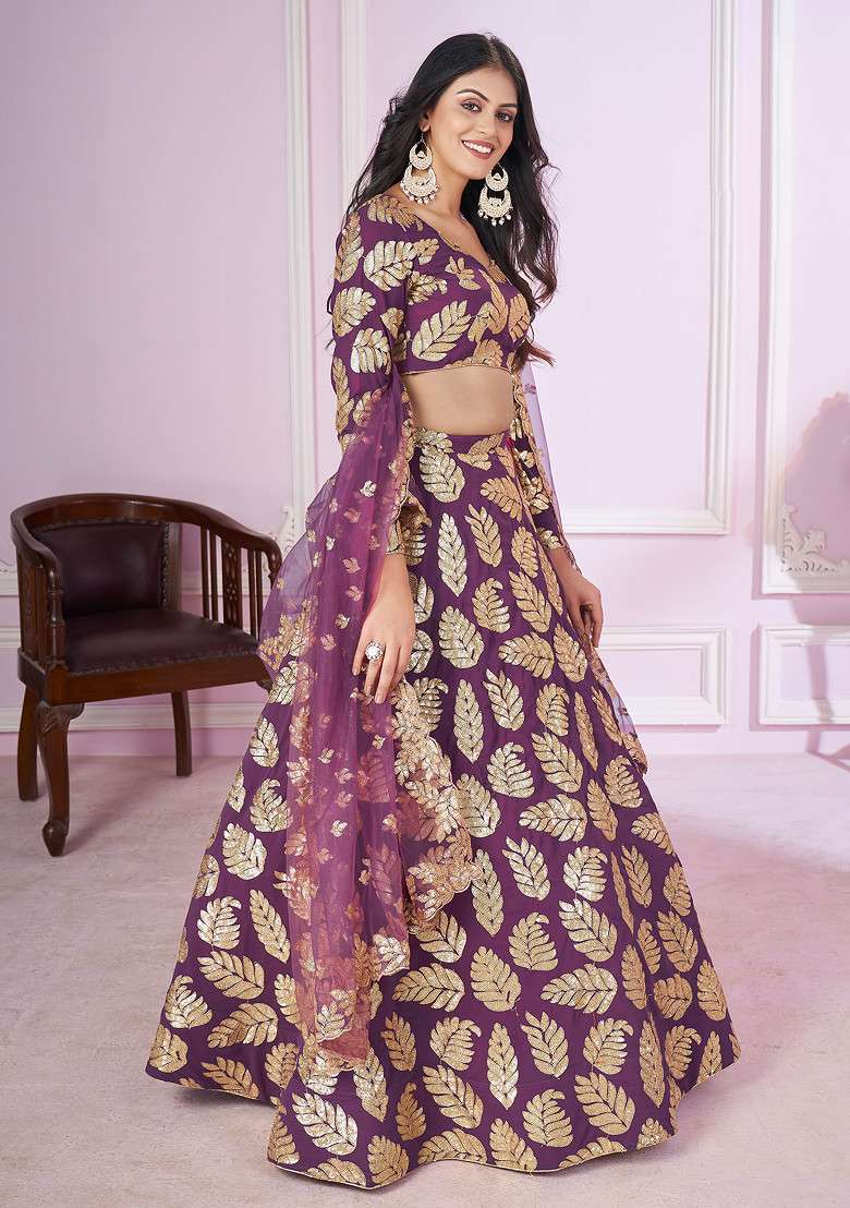 Purple Thread Sequin Embroidered Georgette Soft Net Lehenga Set for Diwali and Festive Wear - Indya