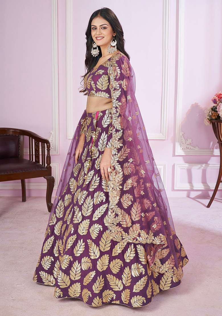 Purple Thread Sequin Embroidered Georgette Soft Net Lehenga Set for Diwali and Festive Wear - Indya