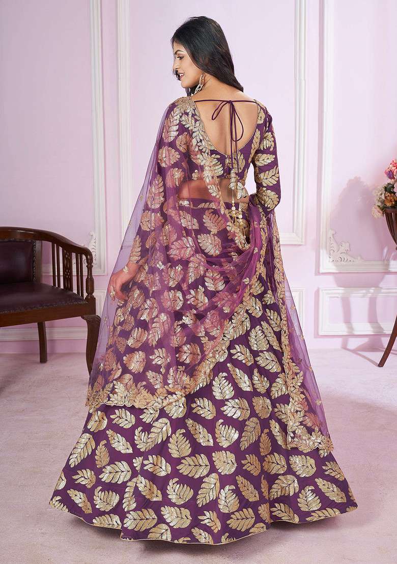Purple Thread Sequin Embroidered Georgette Soft Net Lehenga Set for Diwali and Festive Wear - Indya