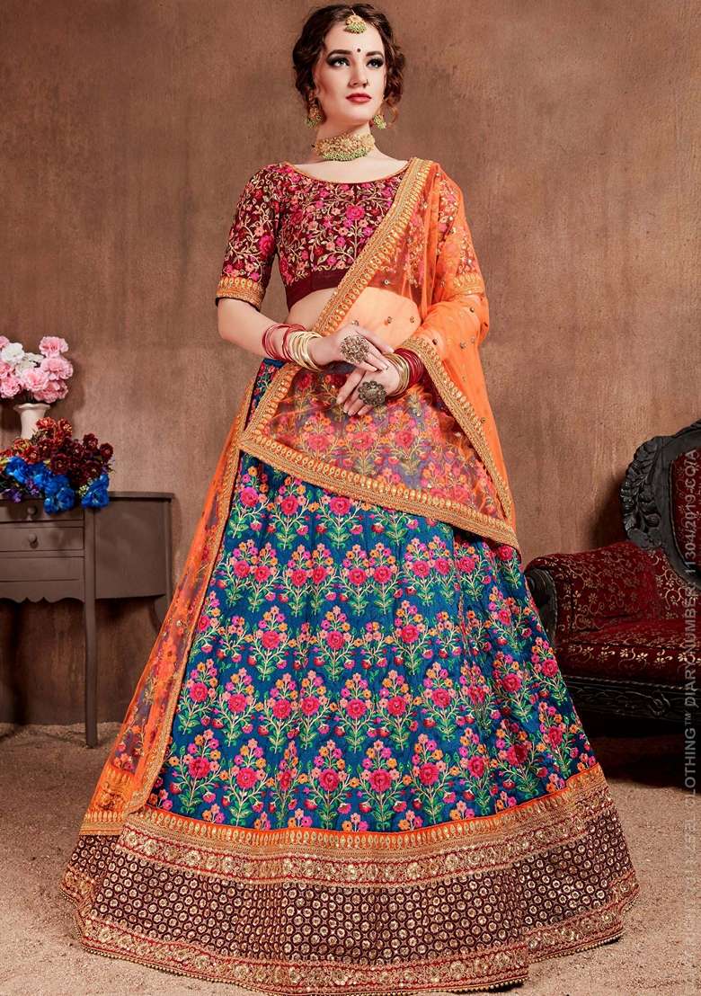 Navy Blue And Orange Stone Work Mulberry Silk Blend Lehenga Set for Diwali and Festive Wear - Indya