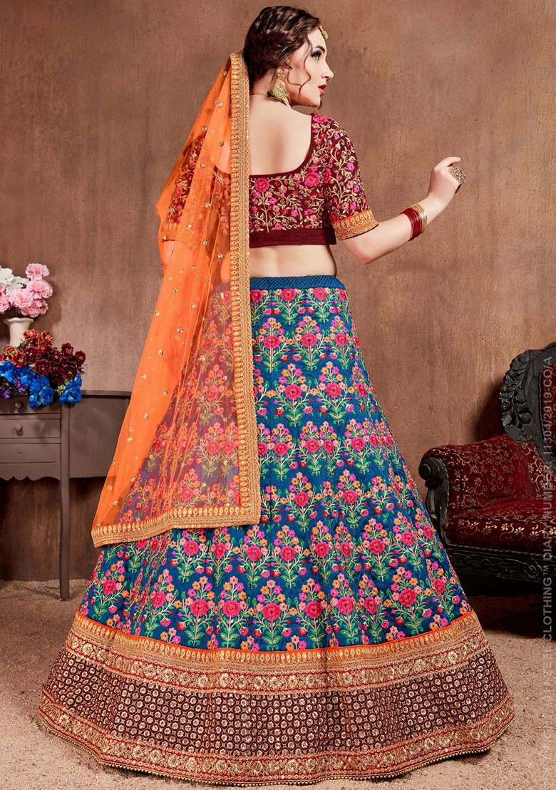Navy Blue And Orange Stone Work Mulberry Silk Blend Lehenga Set for Diwali and Festive Wear - Indya