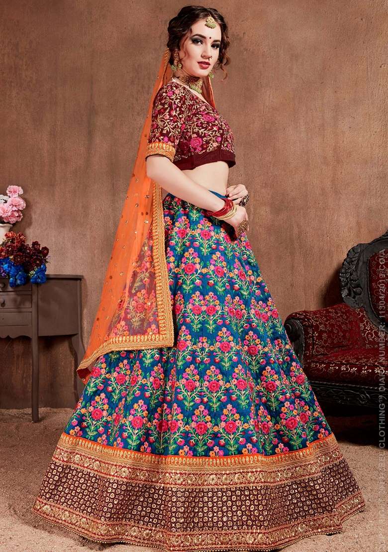 Navy Blue And Orange Stone Work Mulberry Silk Blend Lehenga Set for Diwali and Festive Wear - Indya