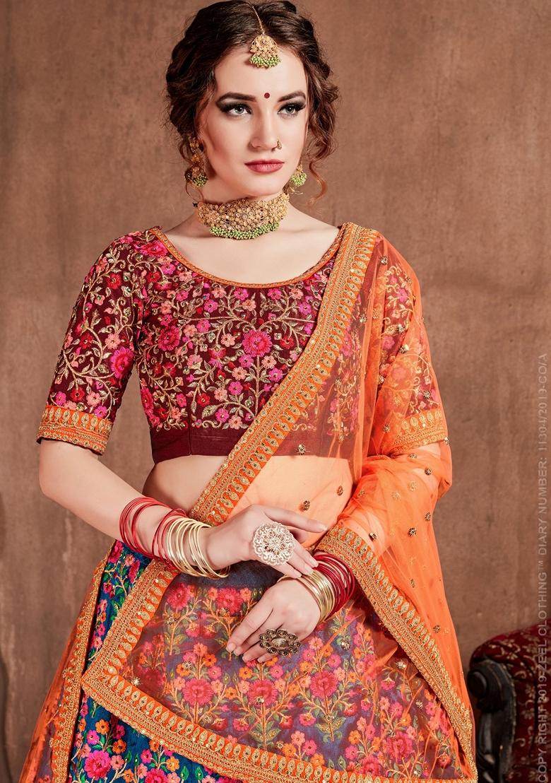 Navy Blue And Orange Stone Work Mulberry Silk Lehenga Set - Indya