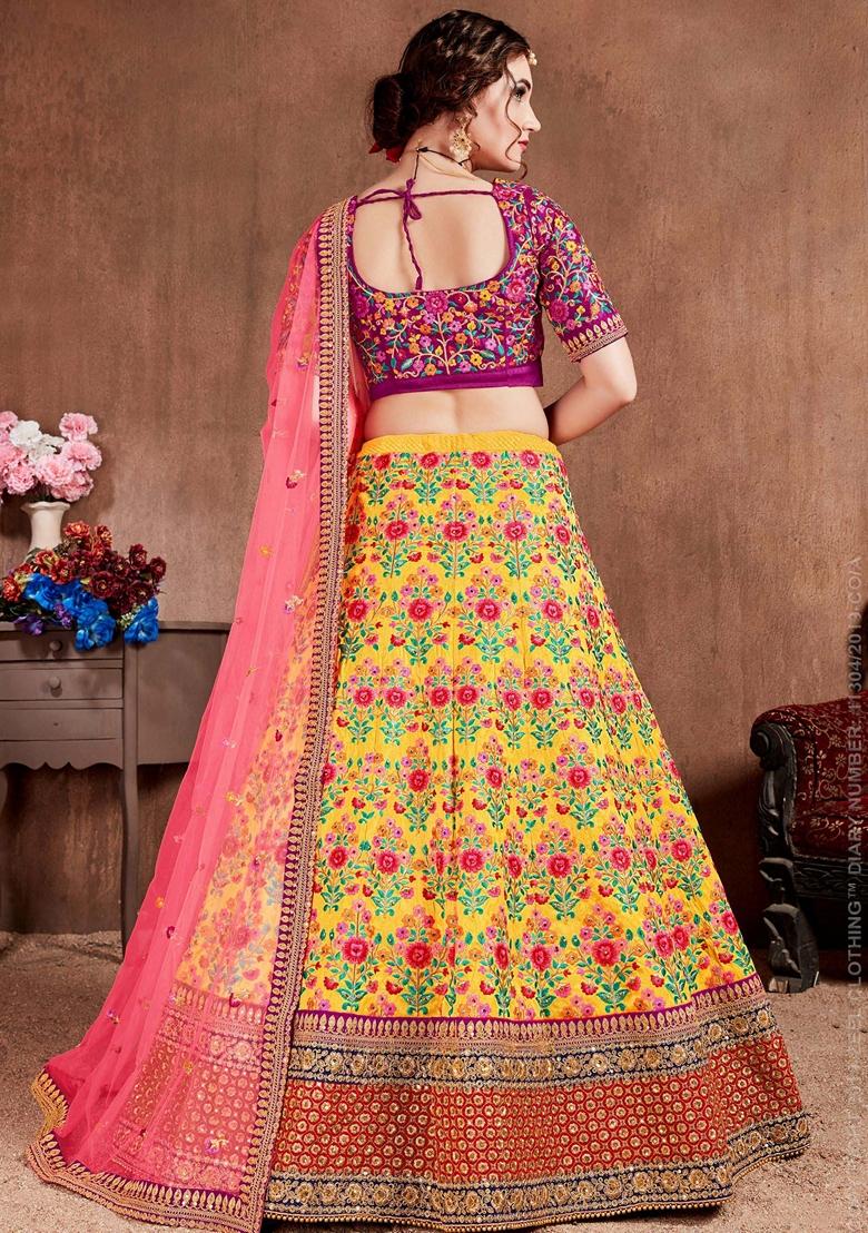 Yellow Stone Work Mulberry Silk Lehenga Set