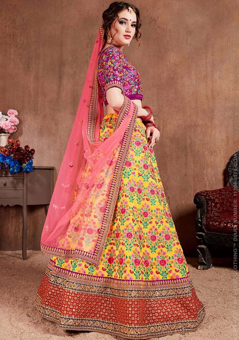 Yellow Mulberry Silk Blend Lehenga Set with Stone Work for Diwali | Wedding & Festive Wear - Indya