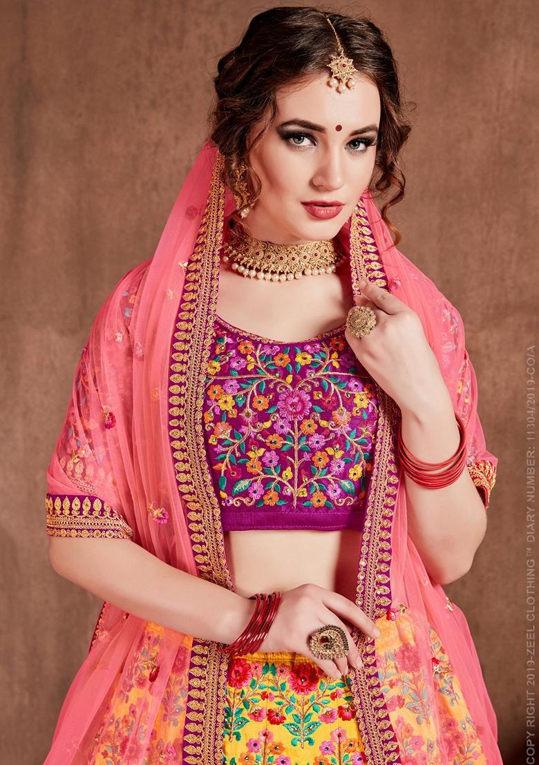 Yellow Stone Work Mulberry Silk Lehenga Set