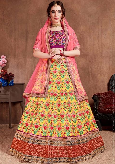 Yellow Stone Work Mulberry Silk Lehenga Set