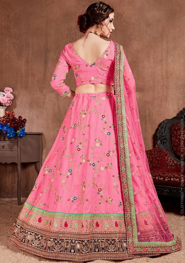 Pink Stone Work Art Silk Lehenga Set