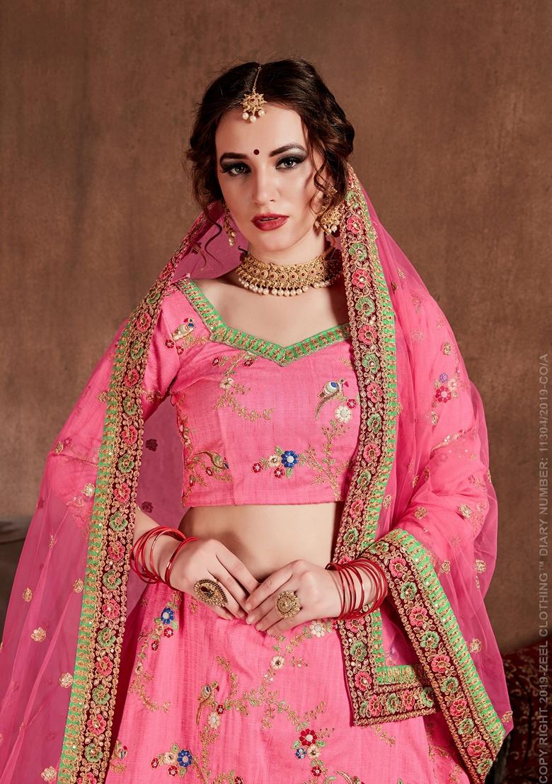Pink Stone Work Art Silk Lehenga Set