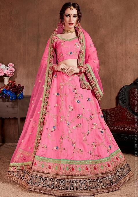 Pink Stone Work Art Silk Lehenga Set