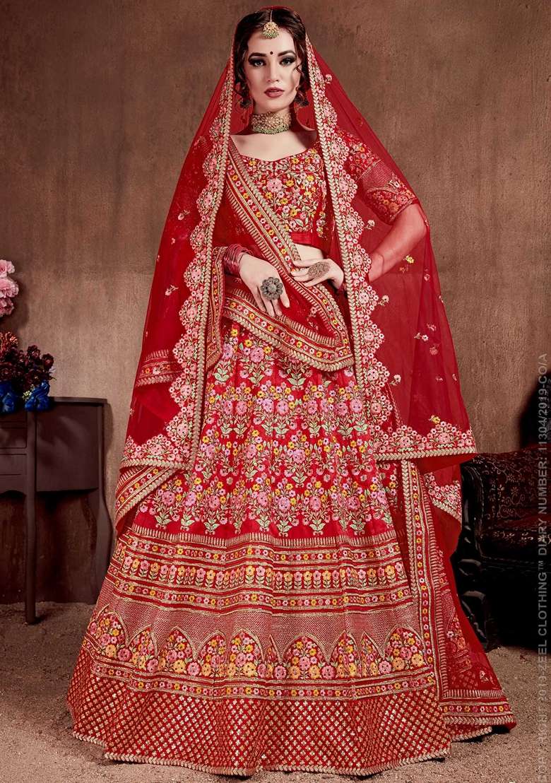 Red Stone Work Mulberry Silk Blend Lehenga Set for Diwali and Festive Wear - Indya