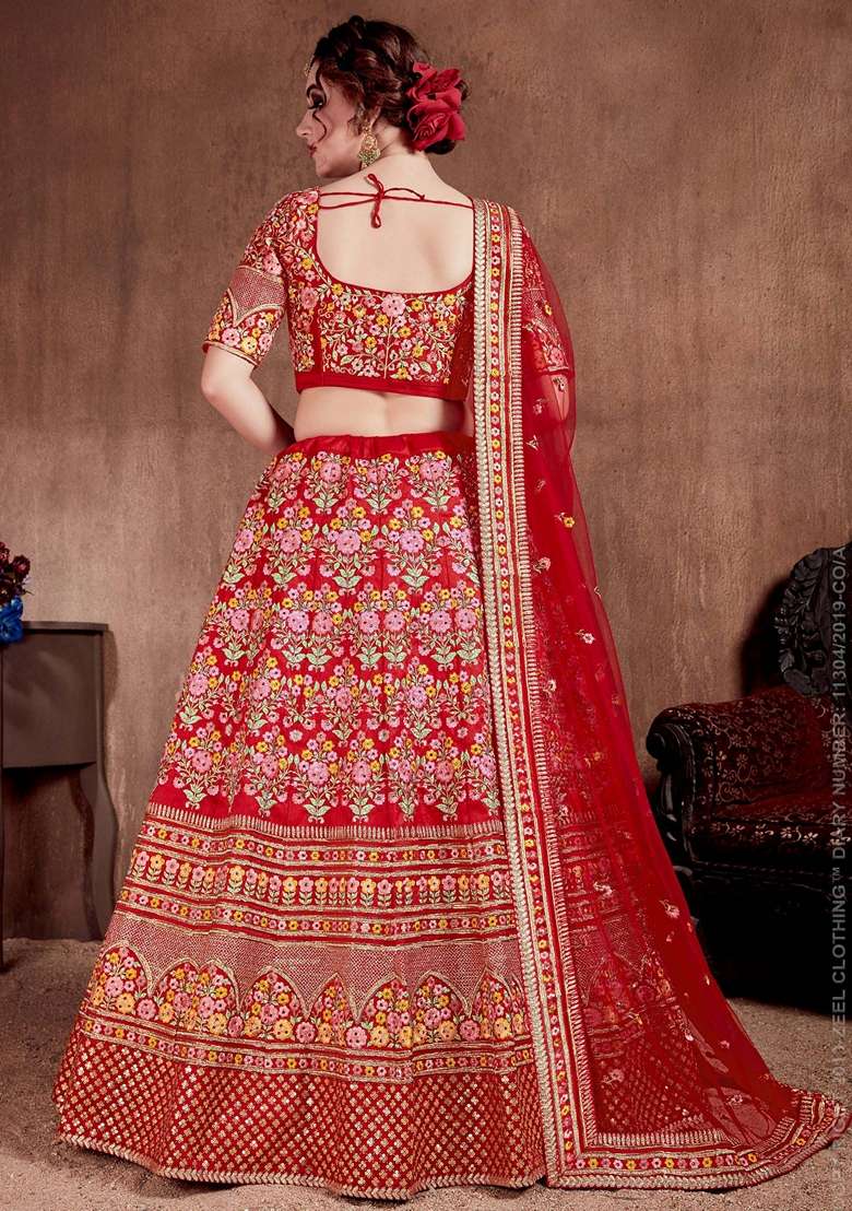 Red Stone Work Mulberry Silk Blend Lehenga Set for Diwali and Festive Wear - Indya