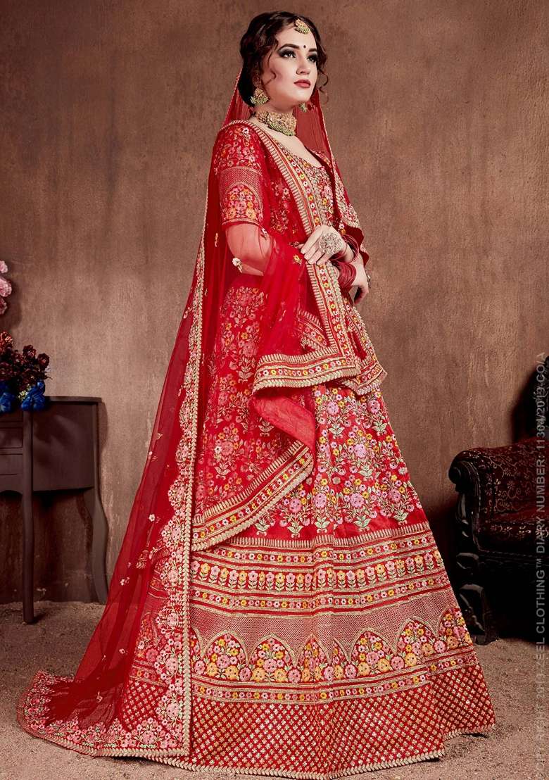 Red Stone Work Mulberry Silk Blend Lehenga Set for Diwali and Festive Wear - Indya