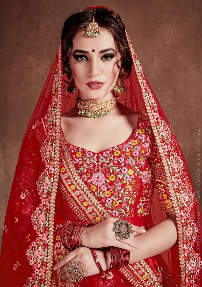 Red Stone Work Mulberry Silk Blend Lehenga Set for Diwali and Festive Wear - Indya