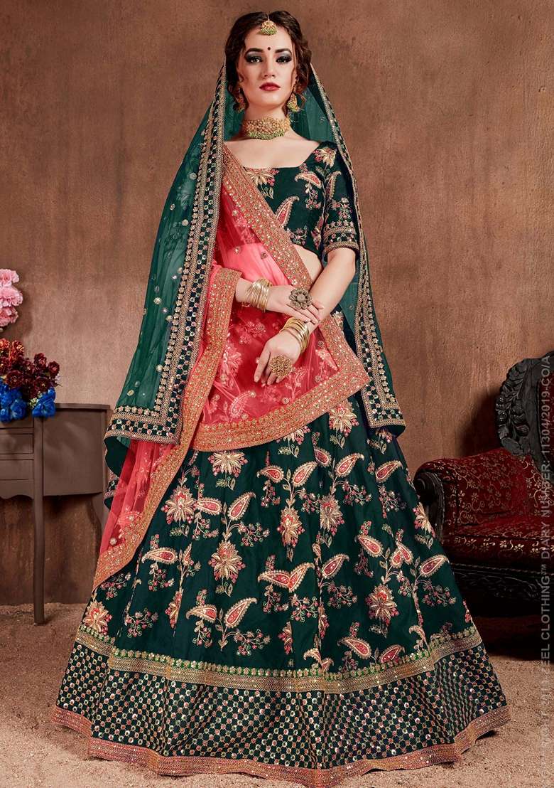 Dark Green Zari And Taffeta Silk Blend Lehenga Set with Embroidered & Sequin for Diwali | Wedding & Festive Wear - Indya