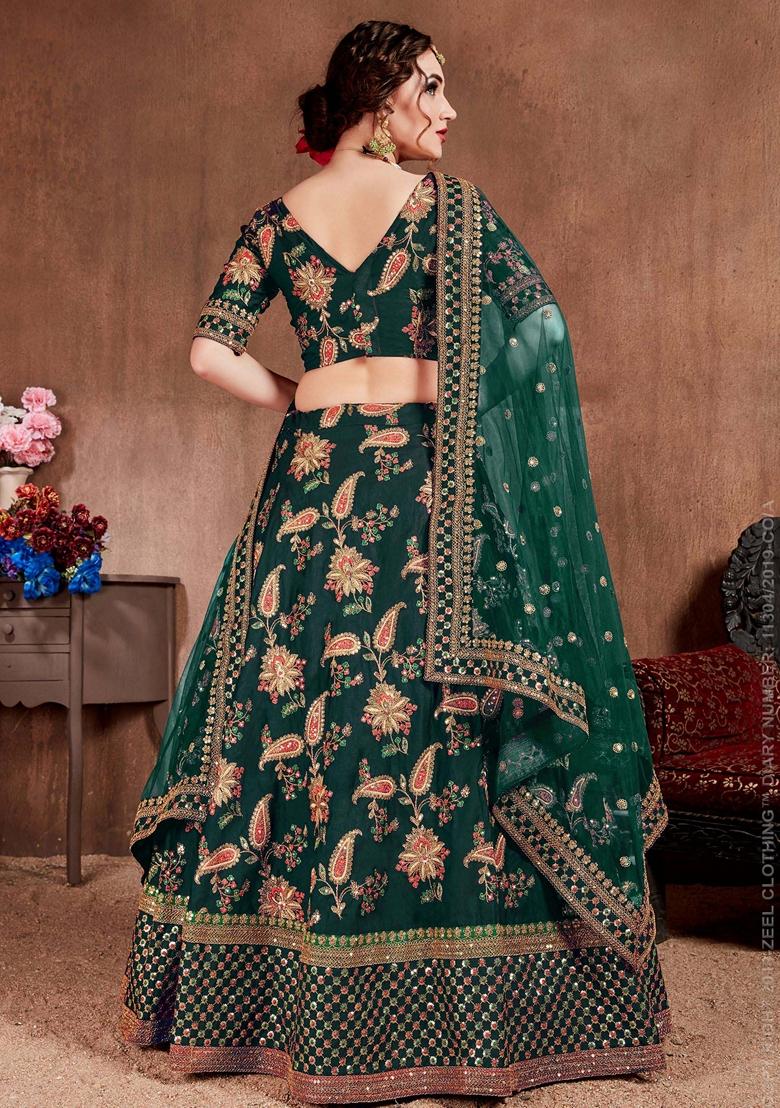 Dark Green Zari And Sequin Embroidered Taffeta Silk Lehenga Set - Indya