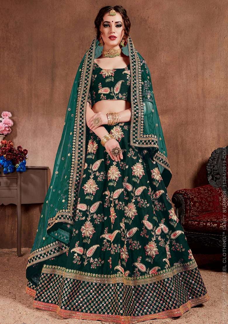 Dark Green Zari And Taffeta Silk Blend Lehenga Set with Embroidered & Sequin for Diwali | Wedding & Festive Wear - Indya