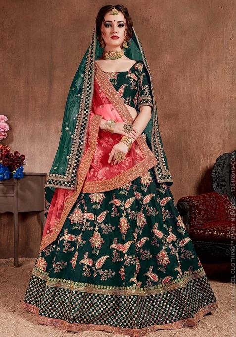 Dark Green Zari And Sequin Embroidered Taffeta Silk Lehenga Set