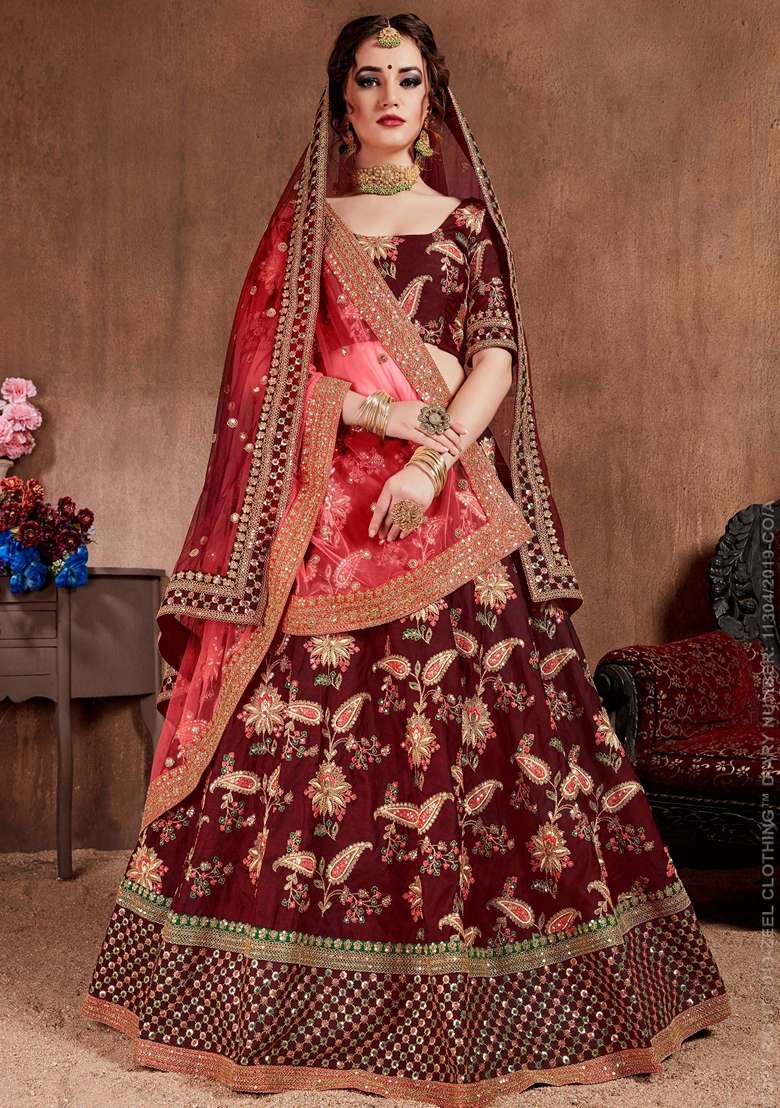 Dark Maroon Zari And Taffeta Silk Blend Lehenga Set with Embroidered & Sequin for Diwali | Wedding & Festive Wear - Indya