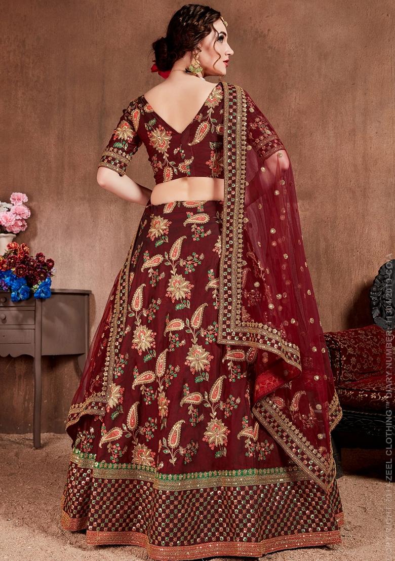 Dark Maroon Zari And Sequin Embroidered Taffeta Silk Lehenga Set - Indya
