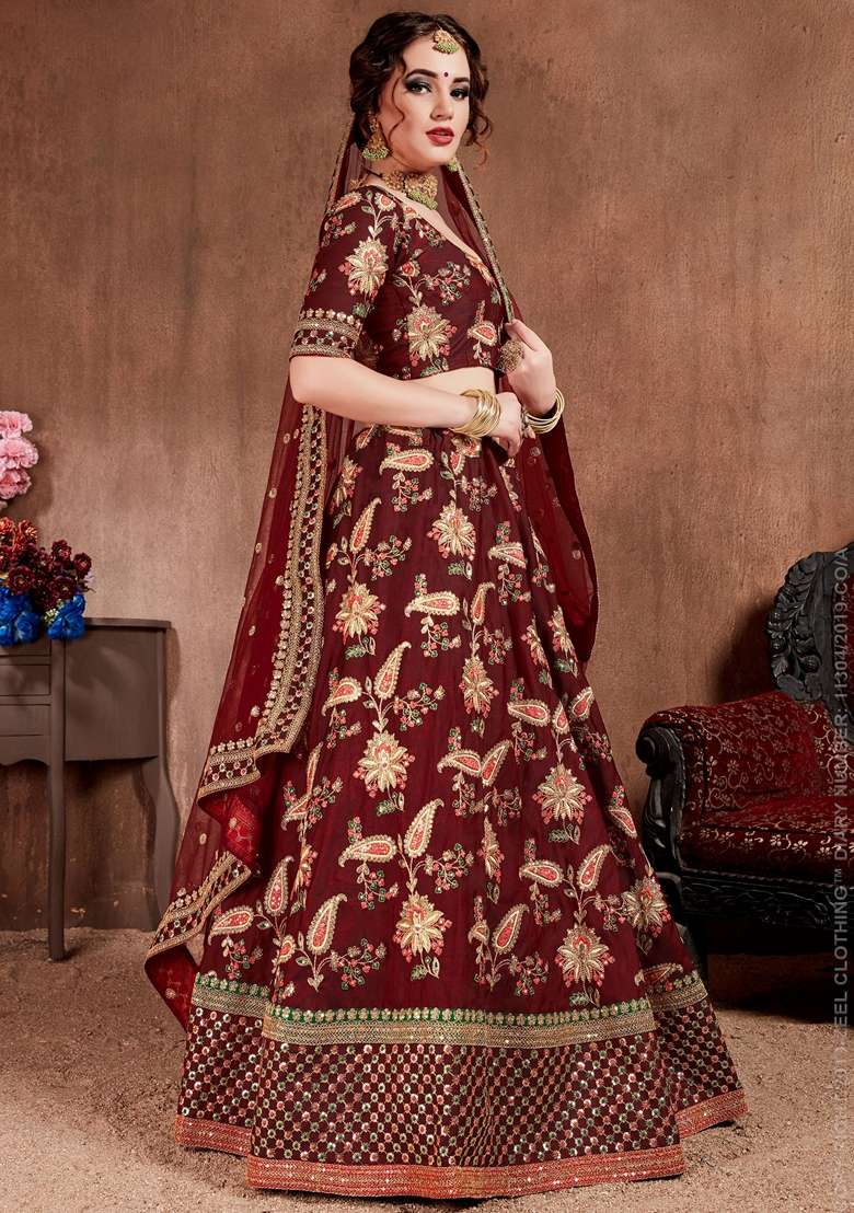 Dark Maroon Zari And Taffeta Silk Blend Lehenga Set with Embroidered & Sequin for Diwali | Wedding & Festive Wear - Indya