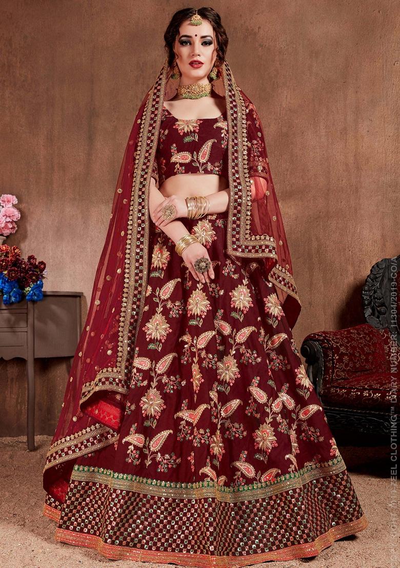 Dark Maroon Zari And Sequin Embroidered Taffeta Silk Lehenga Set - Indya