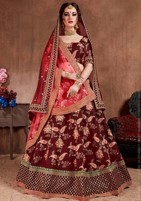 Dark Maroon Zari And Sequin Embroidered Taffeta Silk Lehenga Set