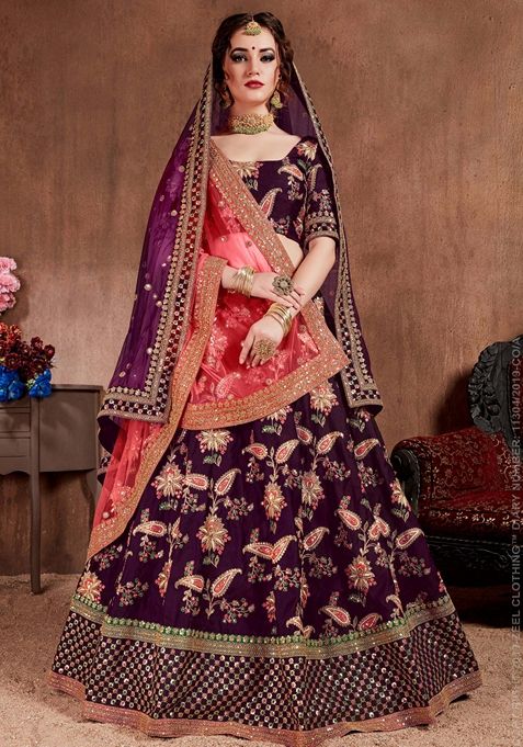 Dark Purple Zari And Sequin Embroidered Taffeta Silk Lehenga Set