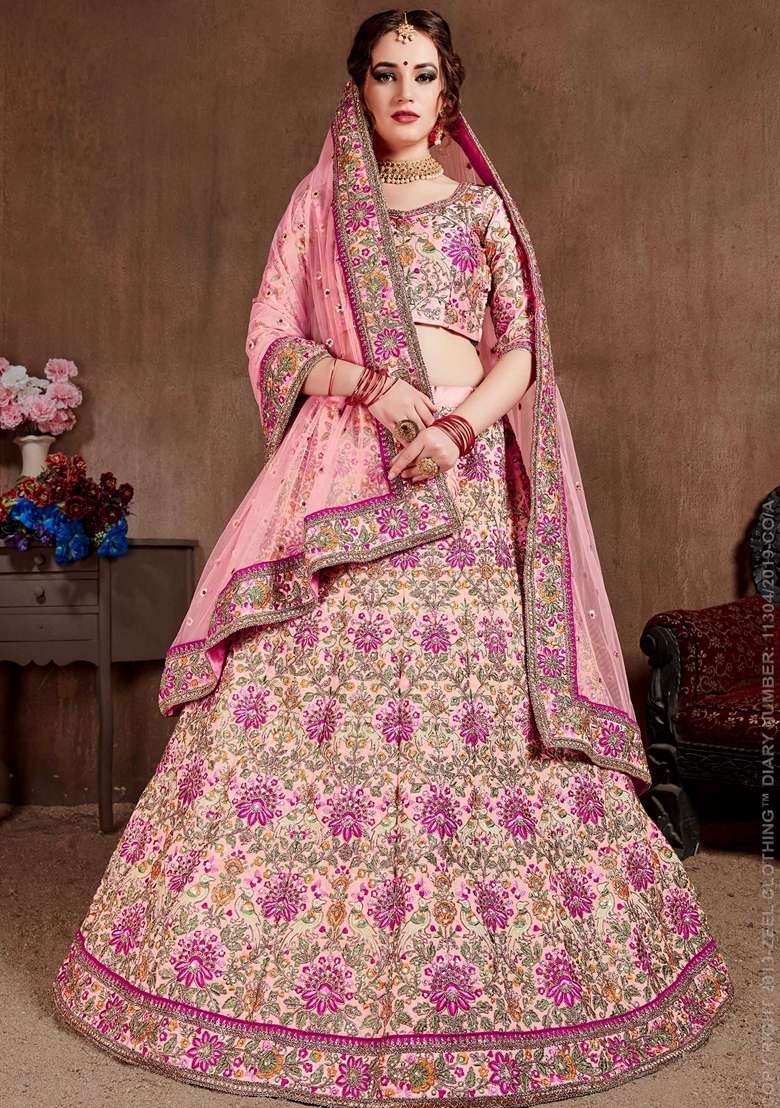 Pink Zari And Taffeta Silk Blend Lehenga Set with Embroidered & Sequin for Diwali | Wedding & Festive Wear - Indya
