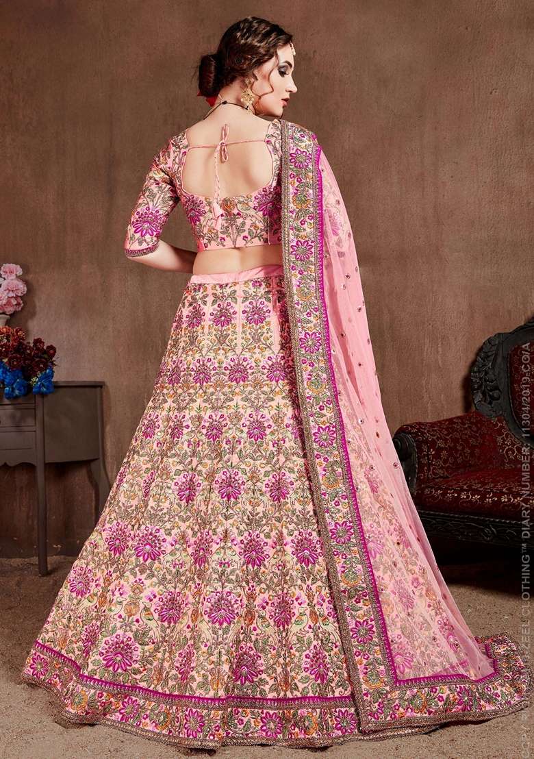 Pink Zari And Taffeta Silk Blend Lehenga Set with Embroidered & Sequin for Diwali | Wedding & Festive Wear - Indya