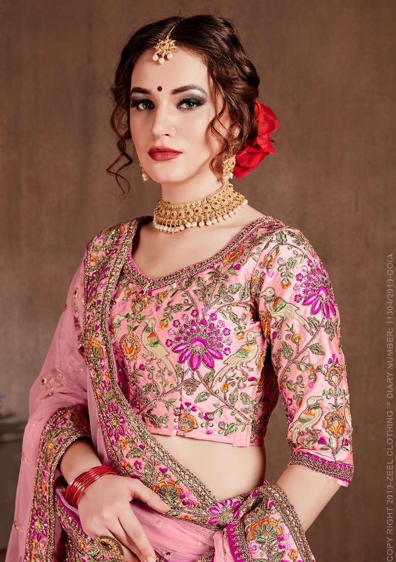 Pink Zari And Taffeta Silk Blend Lehenga Set with Embroidered & Sequin for Diwali | Wedding & Festive Wear - Indya