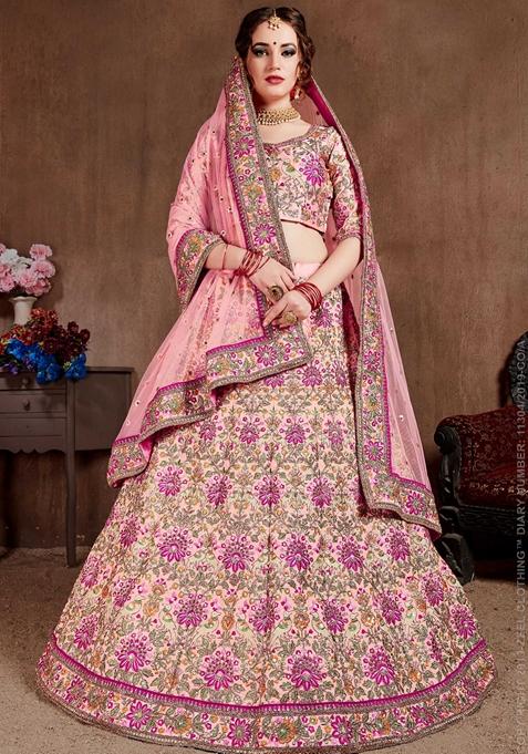 Pink Zari And Sequin Embroidered Taffeta Silk Lehenga Set