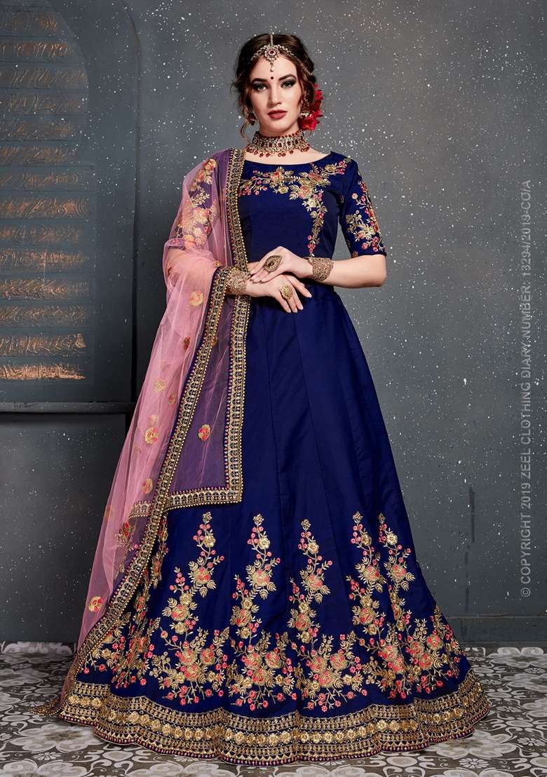 Dark Blue Zari Embroidered Taffeta Satin Silk Blend Lehenga Set for Diwali and Festive Wear - Indya