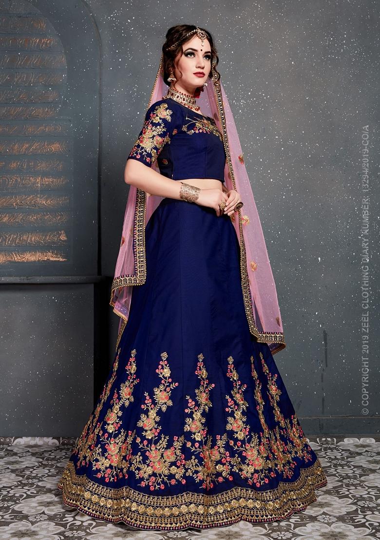 Dark Blue Zari Embroidered Taffeta Satin Silk Lehenga Set