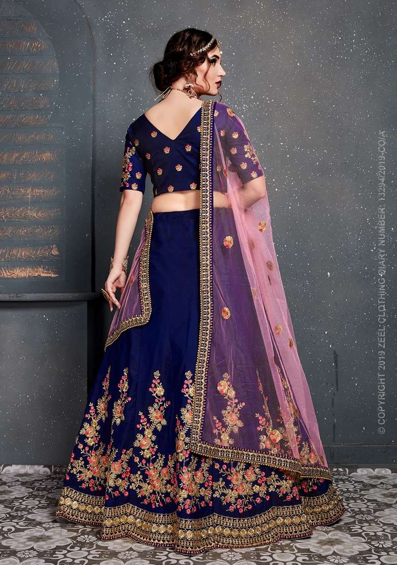 Dark Blue Zari Embroidered Taffeta Satin Silk Blend Lehenga Set for Diwali and Festive Wear - Indya